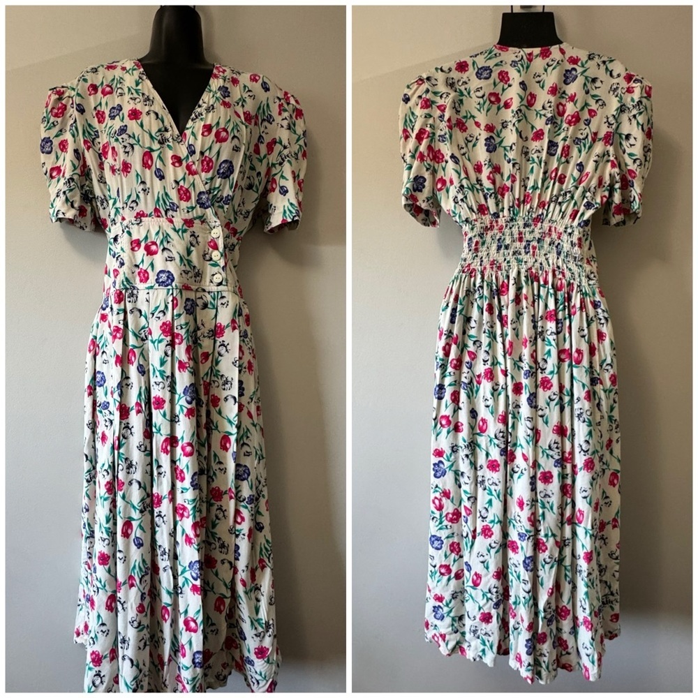 Vintage x Northern Traditions White Puff Sleeve V-Neck Midi Dress Size 9/10